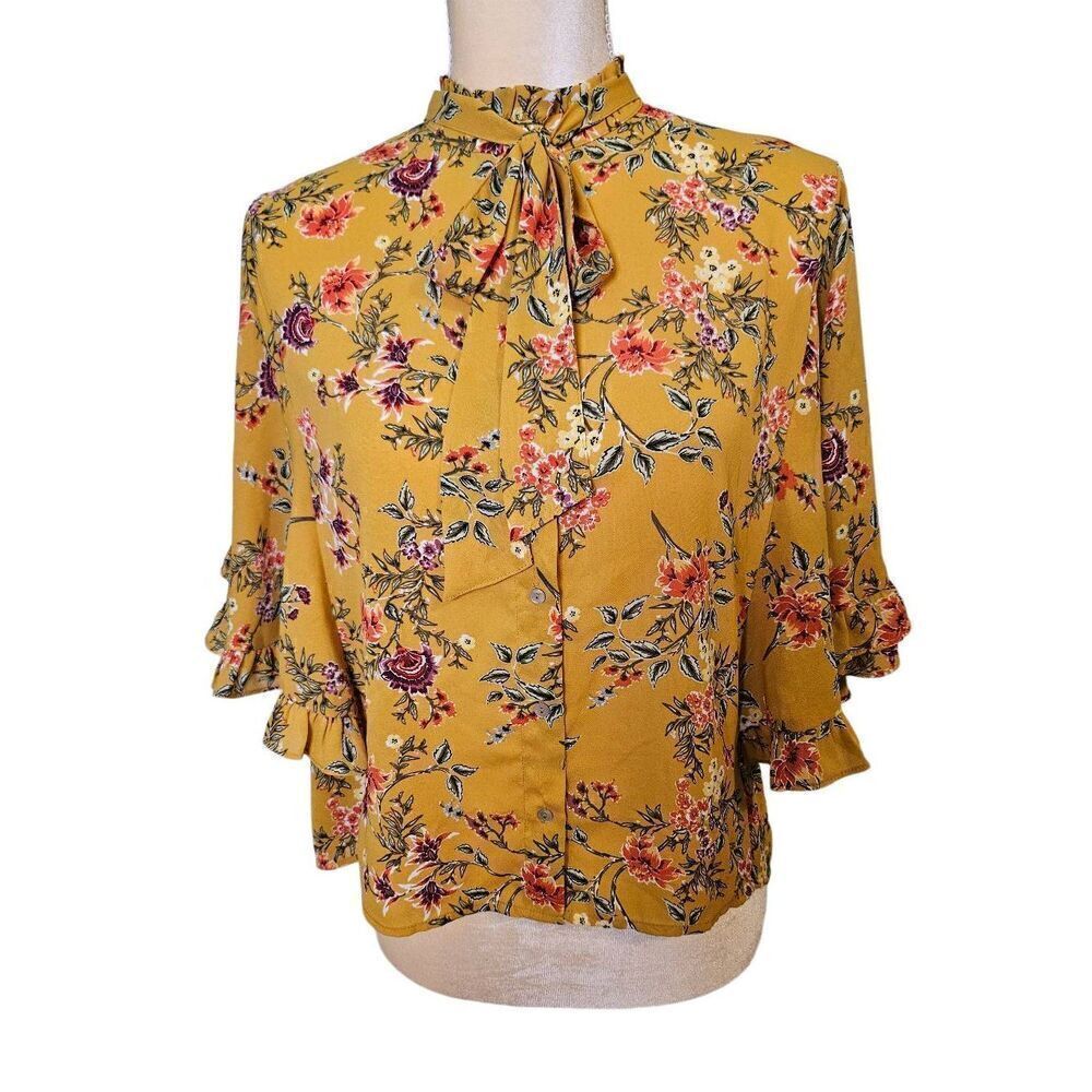 Zara Women modest mustard yellow bell sleeved with floral print blouse. Size M.